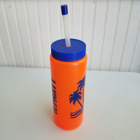 Vintage Blockbuster Beach Party Neon Orange Plastic Water Bottle 80s 90s RARE - Picture 3 of 4